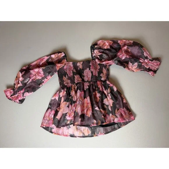 Nasty Gal Floral Smocked Peplum Blouse XS Sheer Long Sleeve Pink & Black - Picture 7 of 10